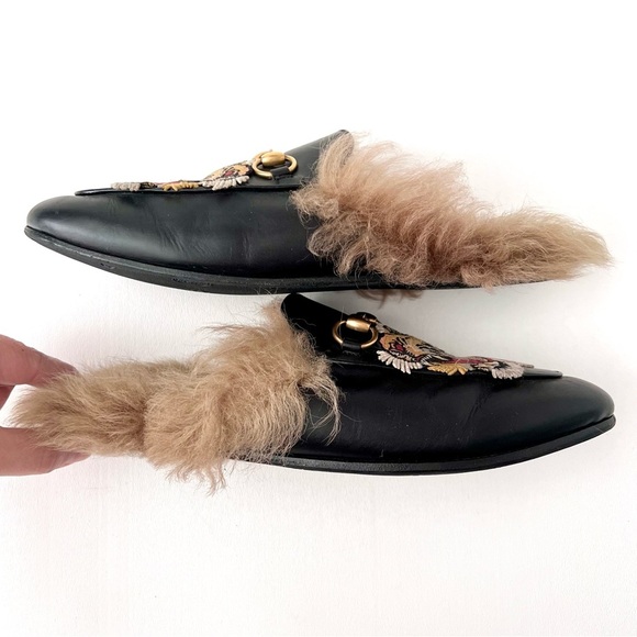 GUCCI | Princetown Horsebit Fur Black Leather Tiger Loafers Mules Flats EU 36.5 - Picture 7 of 10